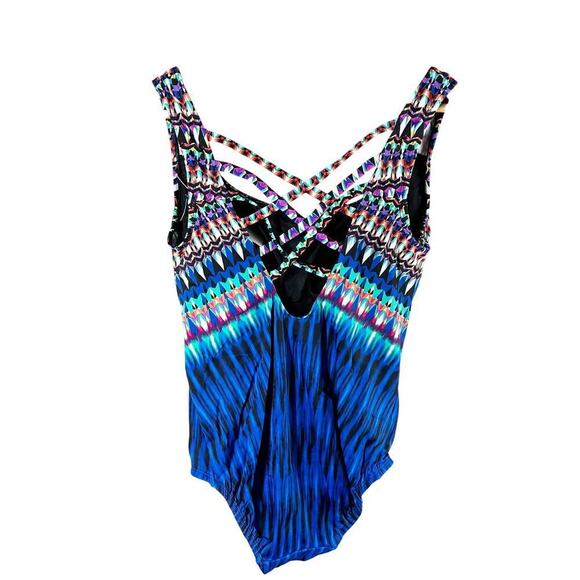 Swim Solutions Printed Criss Cross Back One Piece Swimsuit Size 10 - Picture 2 of 4